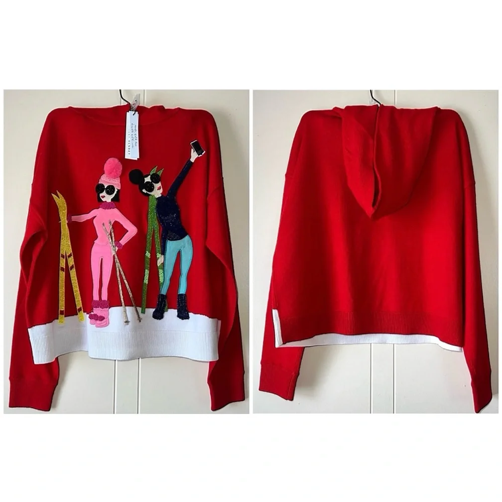 Alice + Olivia Oscar Red Embellished Stace Face Pullover Hoodie Sweater Top